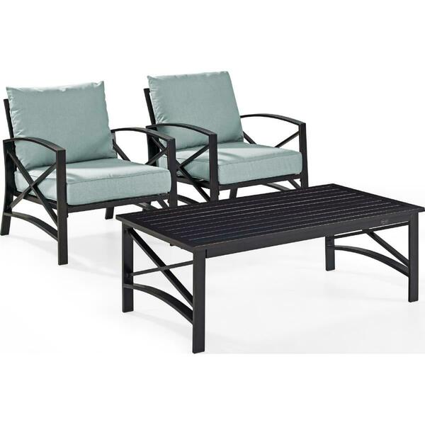 Crosley 3 Piece Kaplan Outdoor Seating Set with Mist Cushion - Two Kaplan Outdoor Chairs, Coffee Table KO60012BZ-MI